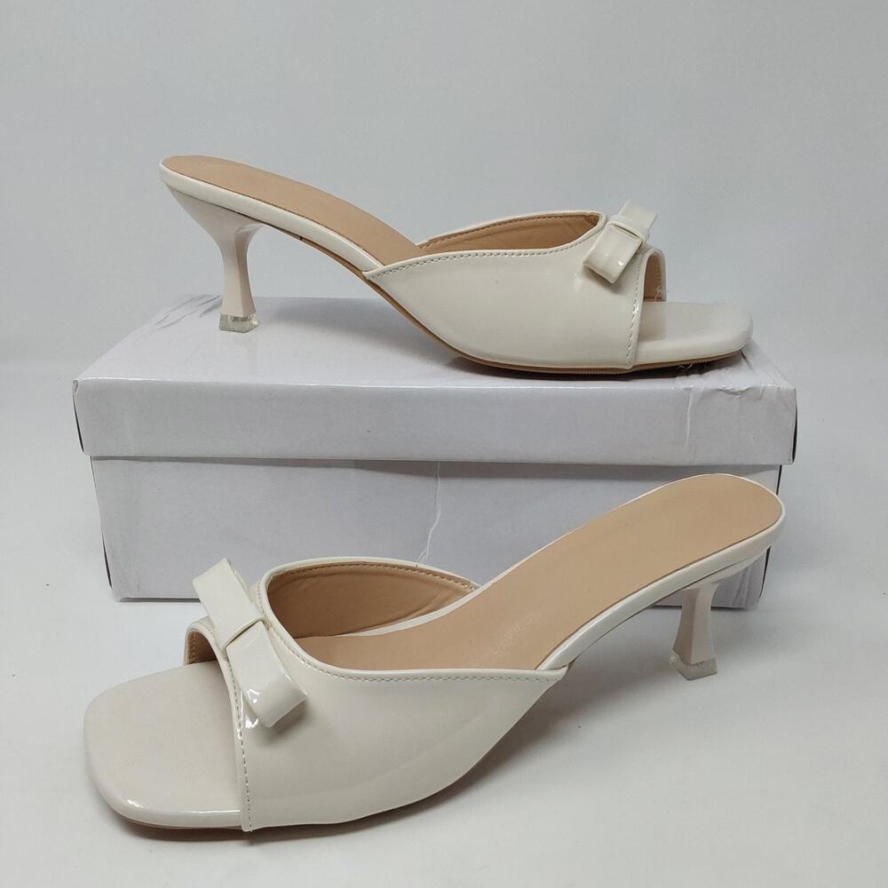 Women's White Patent Bow Kitten Heels EU 40 US 9.5 Open Toe